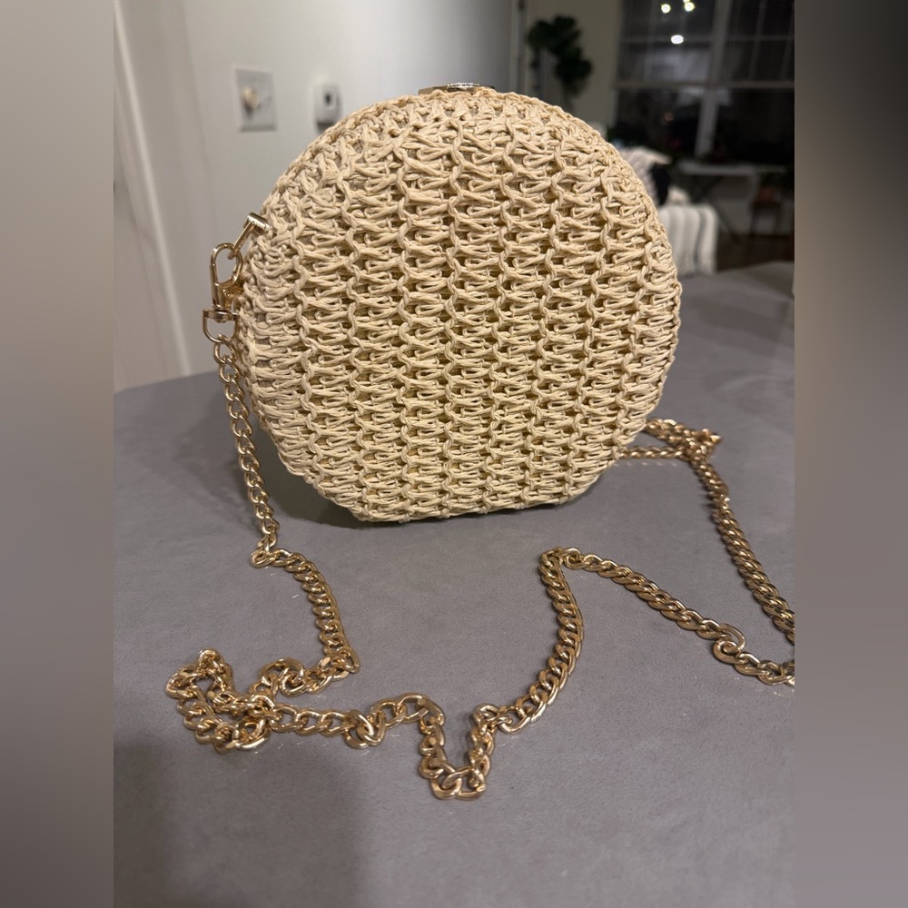 Haute Hippie Cream Woven Round Crossbody with Gold Chain